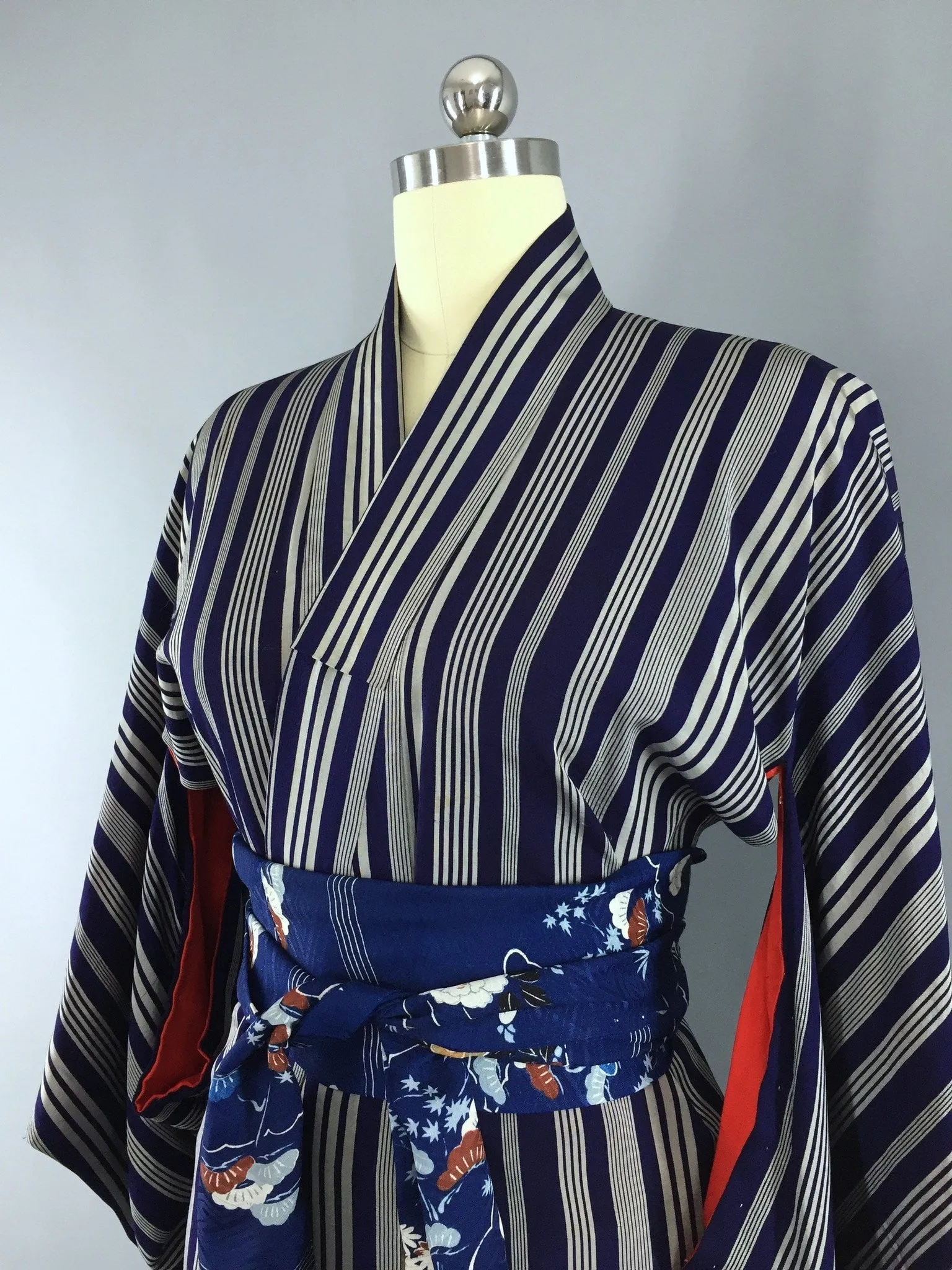 1950s Vintage Silk Kimono Robe with Silver Stripes