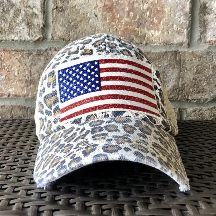 American Flag Glitter Hat - Leopard