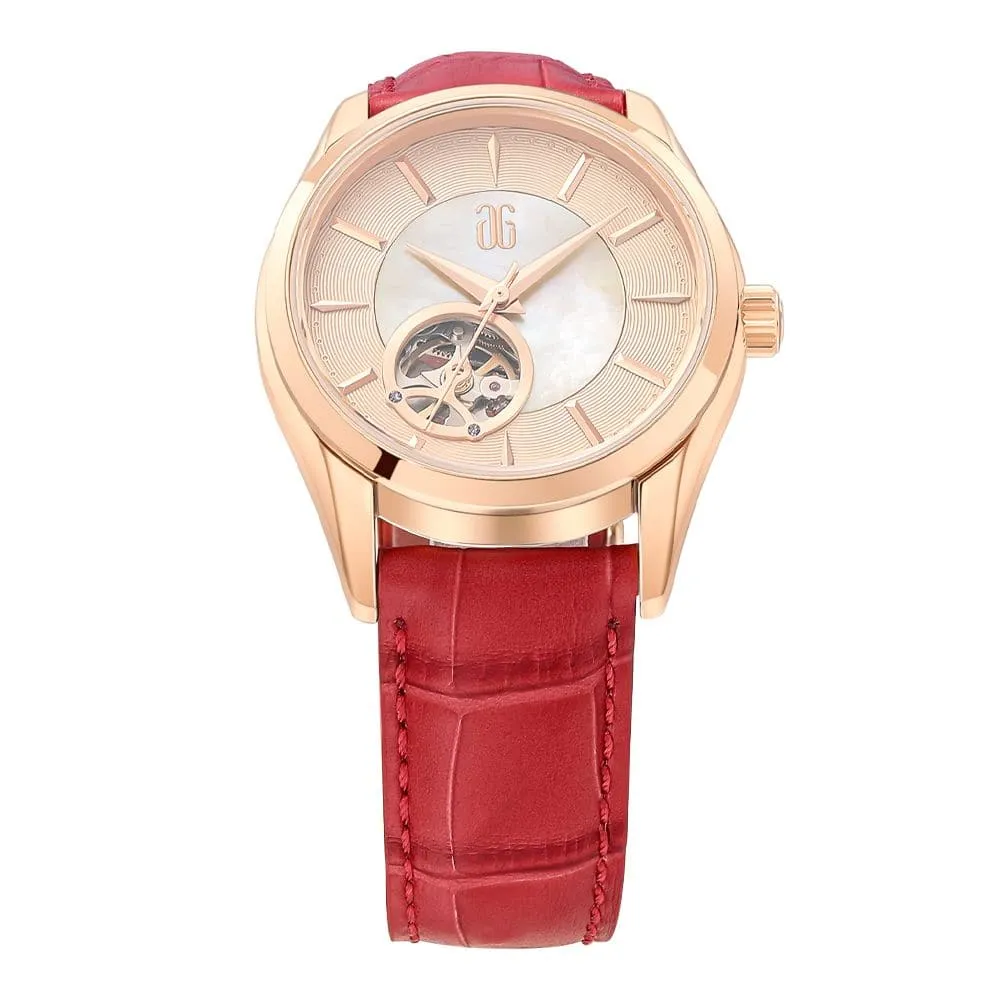 Aries Gold Goldex 8023 Red Leather Strap Women Watch L 8023 RG-BEI