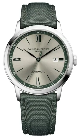 Baume & Mercier Classima Automatic Stainless Steel Gray Dial Green Textile Strap Date Mens Watch M0A10696