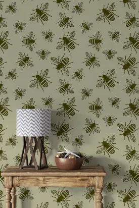 Bee Print Wallpaper (Moss Green)