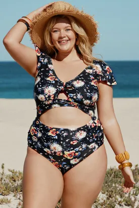 Black Floral Cap Sleeve Plus Size Swimsuit