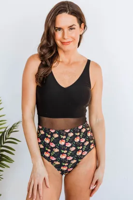 Black Floral Print Mesh One Piece Swimsuit