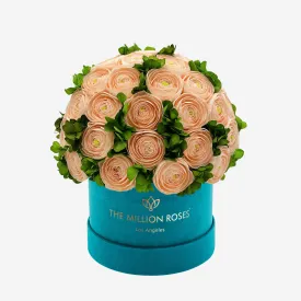 Classic Dark Green Suede Box | Peach Persian Buttercups & Green Hydrangeas