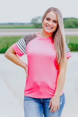 Complicated Love Stripes Leopard Short Sleeve Top in Hot Pink