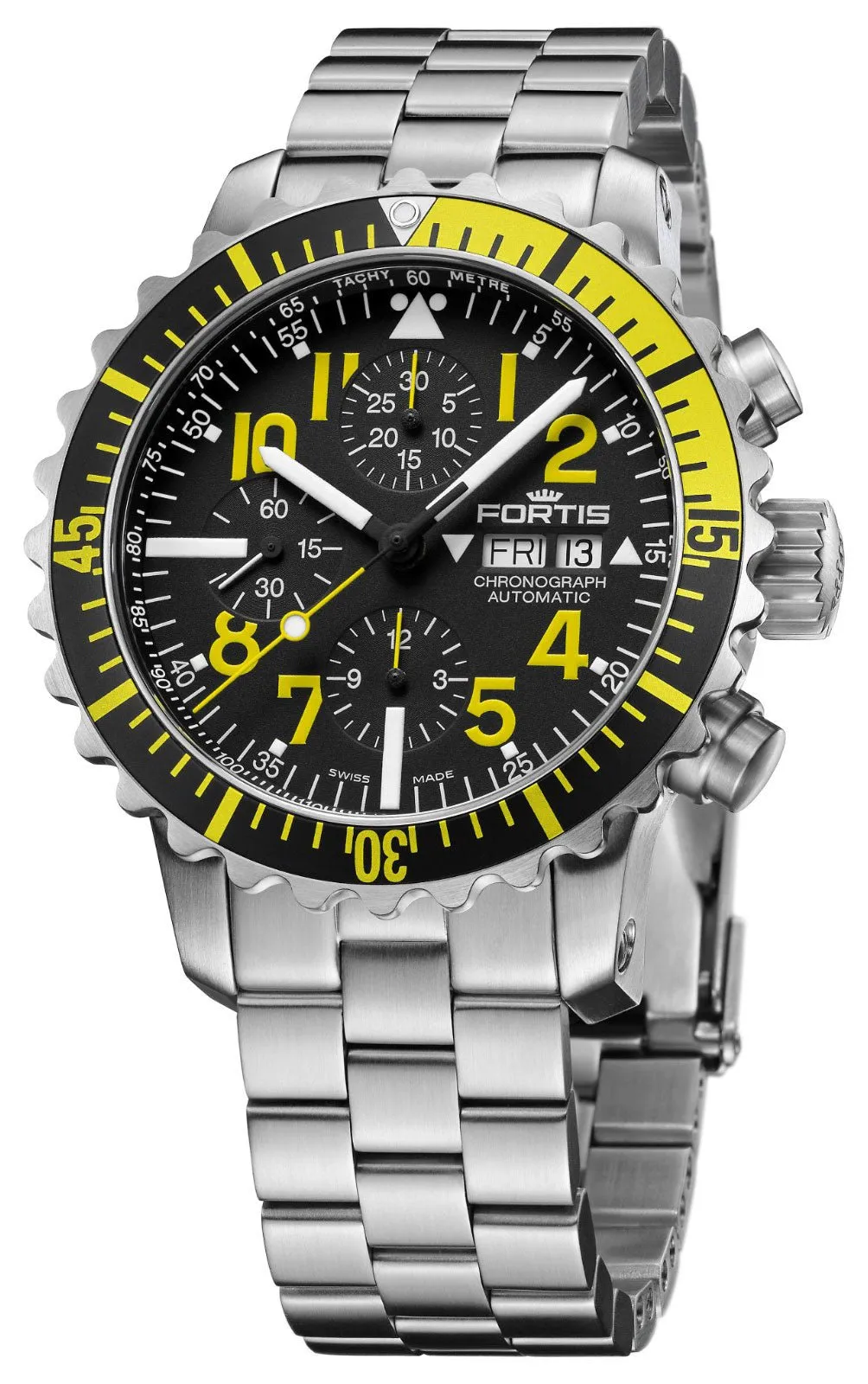 Fortis Marinemaster Yellow Automatic Chronograph Stainless Steel Black Dial Day/Date Divers Mens Watch F8140001