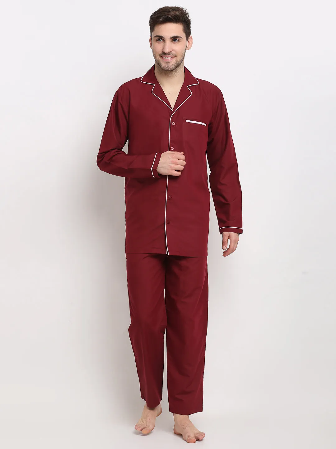 Jashvi Men's Maroon Cotton Solid Night Suits