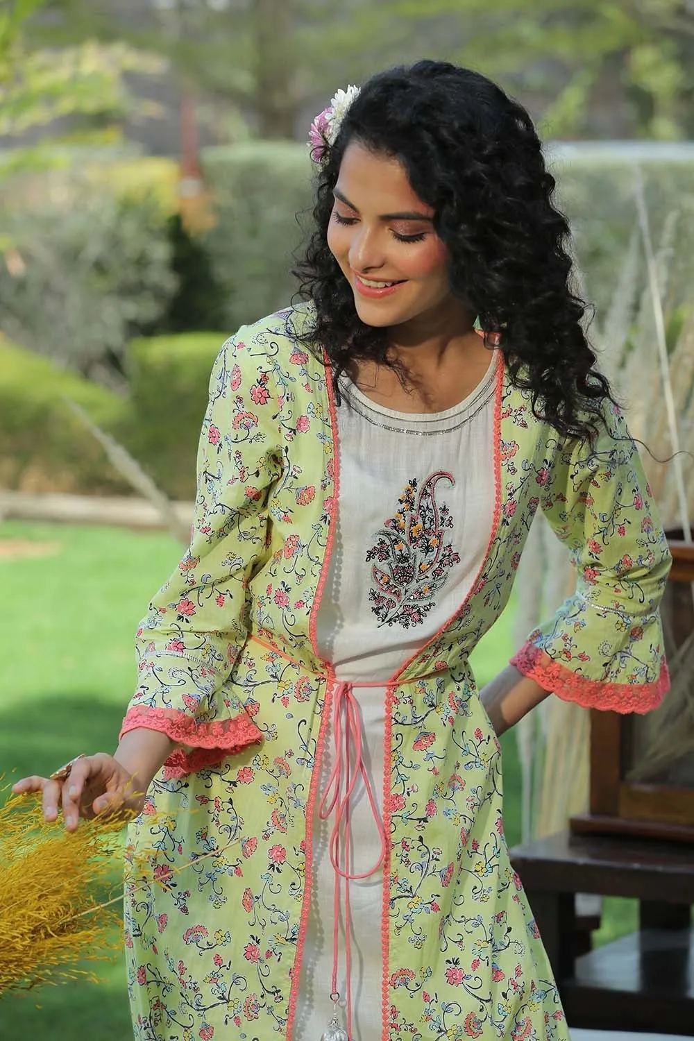 Juniper Lime Green Floral Printed Cotton Lacy Jacket Style Kurta With Thread Work & Dori At Waist