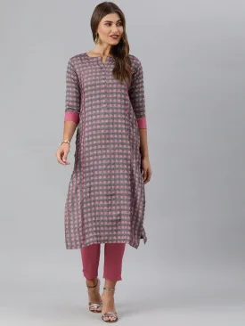 KSUT Women Grey & Pink Checked Kurta with Trousers