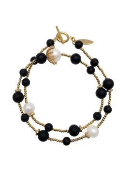 Matte Black Agate & Freshwater Pearls Double Layers Bracelet/ Choker HB008