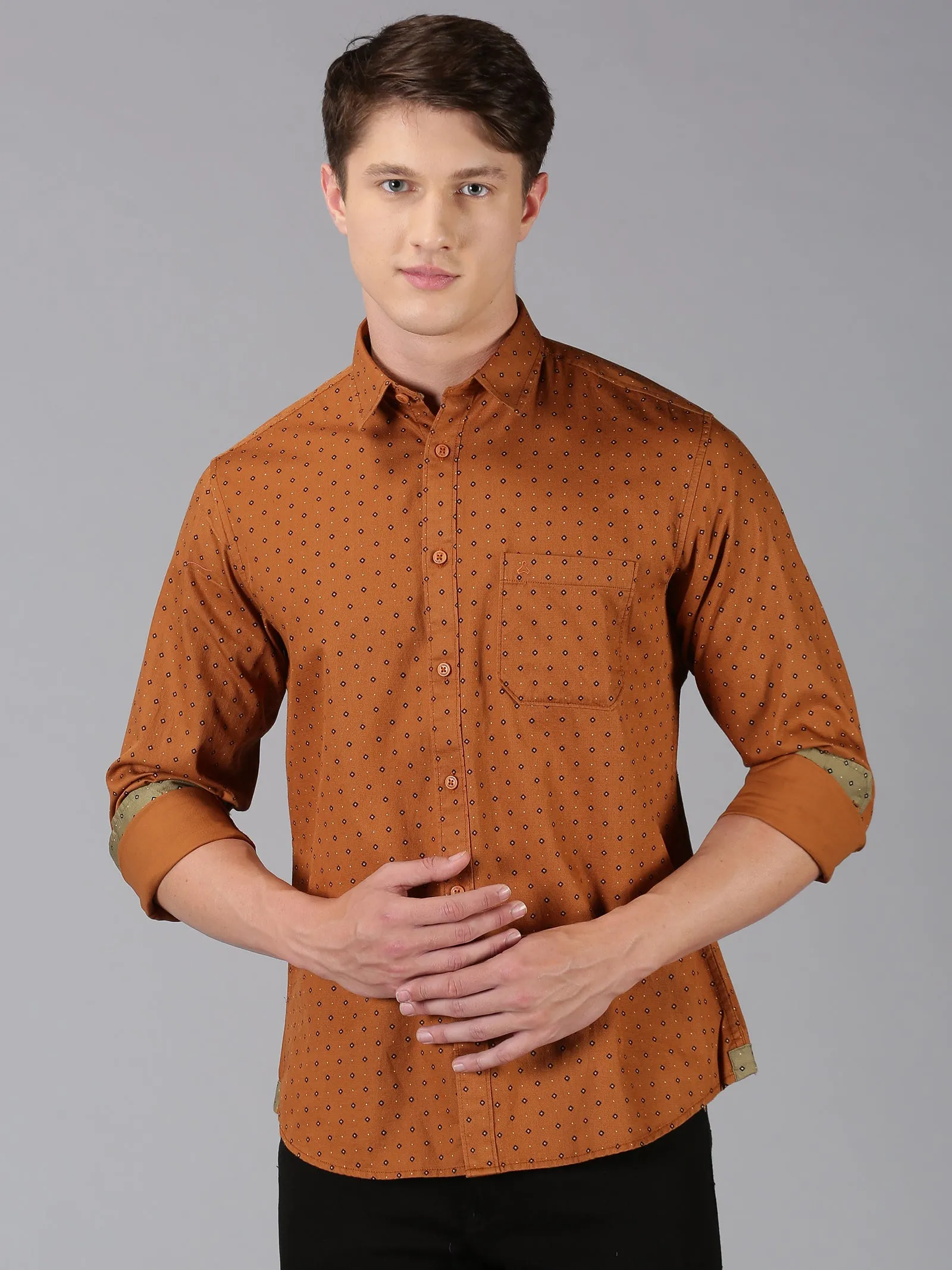 MEN'S COPPER BROWN PRINT SLIM FIT SHIRT