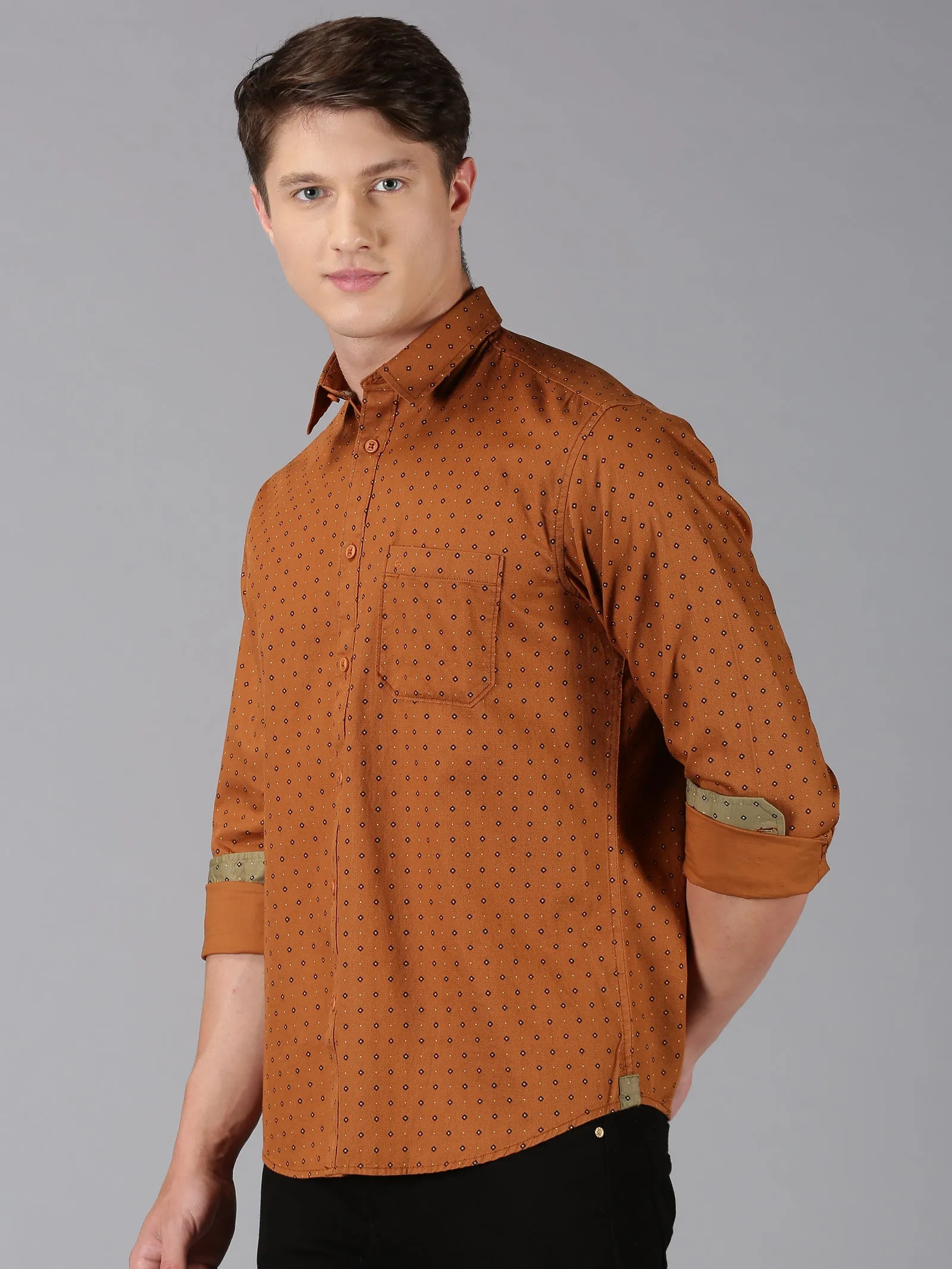 MEN'S COPPER BROWN PRINT SLIM FIT SHIRT