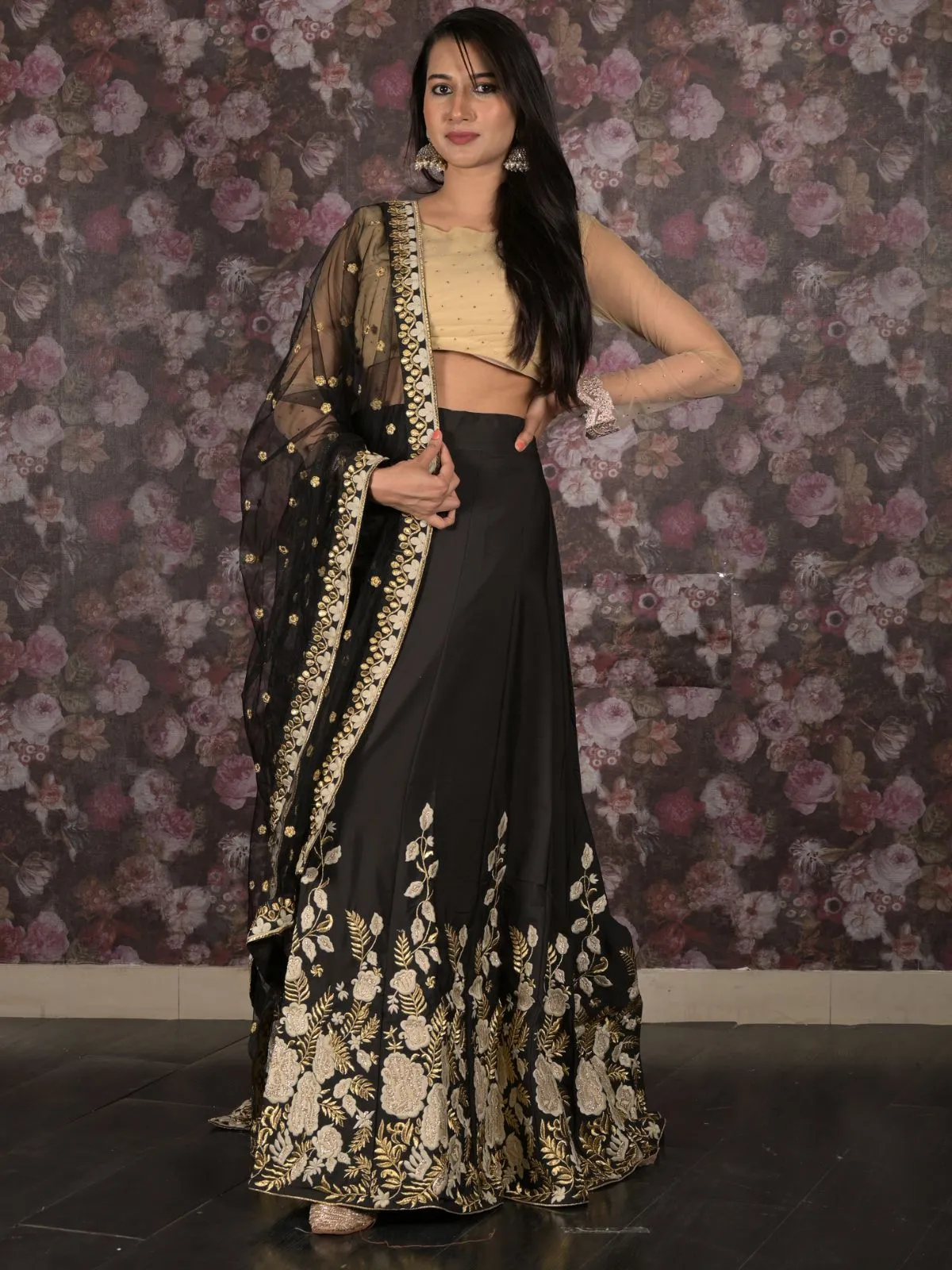 Odette Black Gold Thread Embroidered Semi-Stitched Polyester Lehenga with Unstitched Blouse for Women