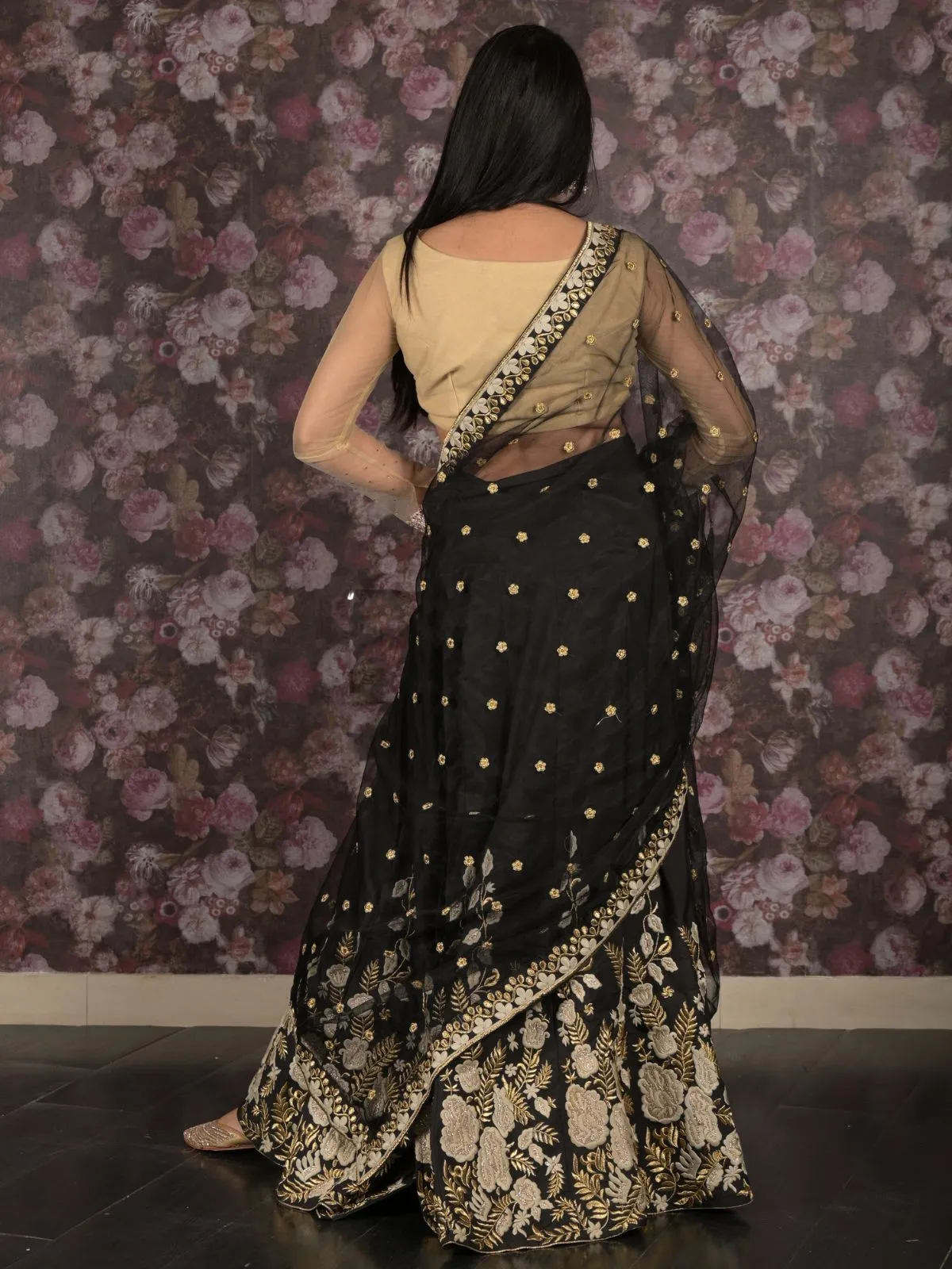 Odette Black Gold Thread Embroidered Semi-Stitched Polyester Lehenga with Unstitched Blouse for Women