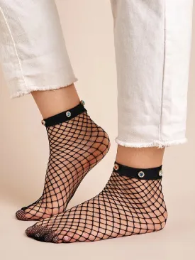 Rhinestone Engraved Fishnet Socks