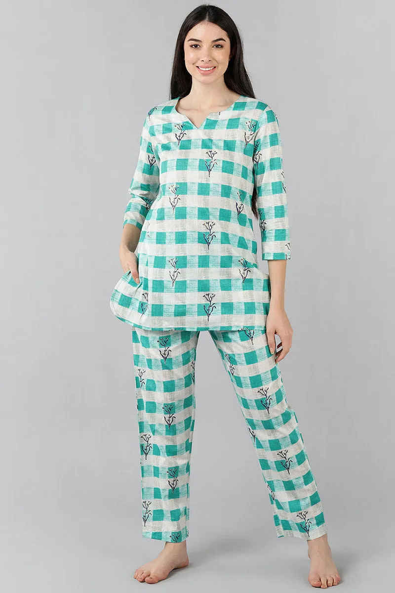 Sea Green Cotton Checked Night Suit