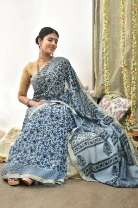 Teejh Chhaya Light Blue Block Print Chanderi Cotton Saree With Blouse Piece